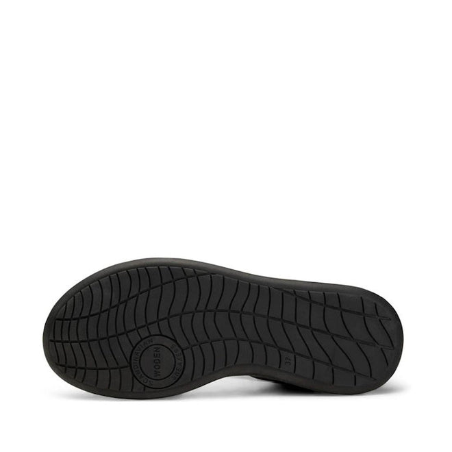 The image shows the black rubber sole of the Woden Line Women's 3 Strap Sandal, featuring a comfortable, curved, textured tread for grip. "NOEMI" and size 37 are embossed near the heel center. The background is plain white., 5713326456912, 5713326456929, 5713326456936, 5713326456943, 5713326456950, 5713326456967, 5713326456974