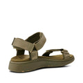 The Woden Line Women's 3 Strap Sandal in Dark Olive is shown from a back side angle, featuring adjustable straps and a cushioned Natural Soft sole, against a white background., 5713326432305, 5713326432312, 5713326432329, 5713326432336, 5713326432343, 5713326432350, 5713326432367