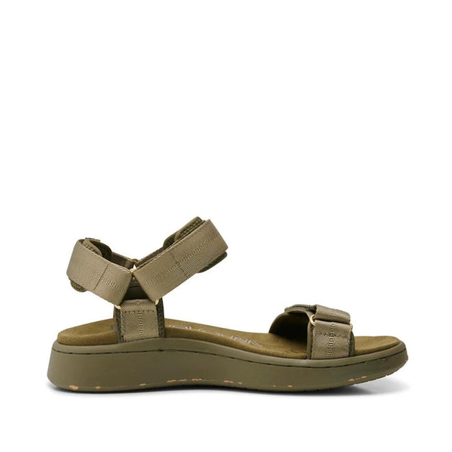 Side view of the Woden Line Women's 3 Strap Sandal in Dark Olive, featuring adjustable ankle and toe straps, Natural Soft technology, and a cushioned sole for comfort during casual outdoor wear., 5713326432305, 5713326432312, 5713326432329, 5713326432336, 5713326432343, 5713326432350, 5713326432367