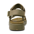 The Woden Line Women's 3 Strap Sandal in Dark Olive is shown from the back, featuring a thick sole, cushioned Natural Soft footbed, and adjustable fabric straps with visible stitching for comfort., 5713326432305, 5713326432312, 5713326432329, 5713326432336, 5713326432343, 5713326432350, 5713326432367