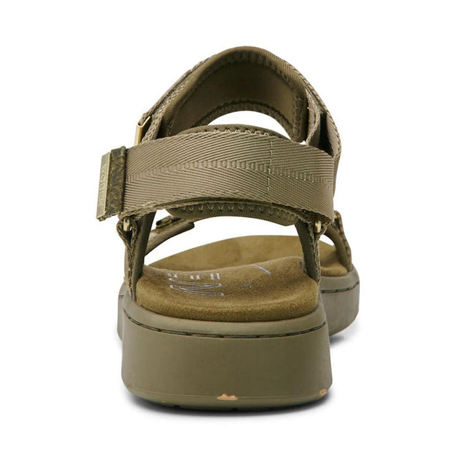 The Woden Line Women's 3 Strap Sandal in Dark Olive is shown from the back, featuring a thick sole, cushioned Natural Soft footbed, and adjustable fabric straps with visible stitching for comfort., 5713326432305, 5713326432312, 5713326432329, 5713326432336, 5713326432343, 5713326432350, 5713326432367