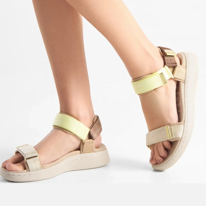 Woden Line Women's 3 Strap Sandal Wax Multi Lemon & Taupe