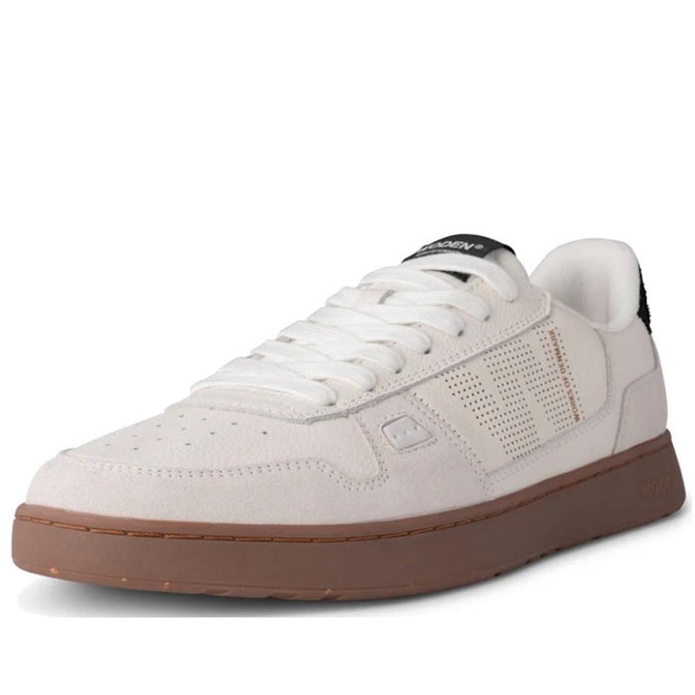 Mens woden Haldfen White leather sneaker with brown sole on a white background