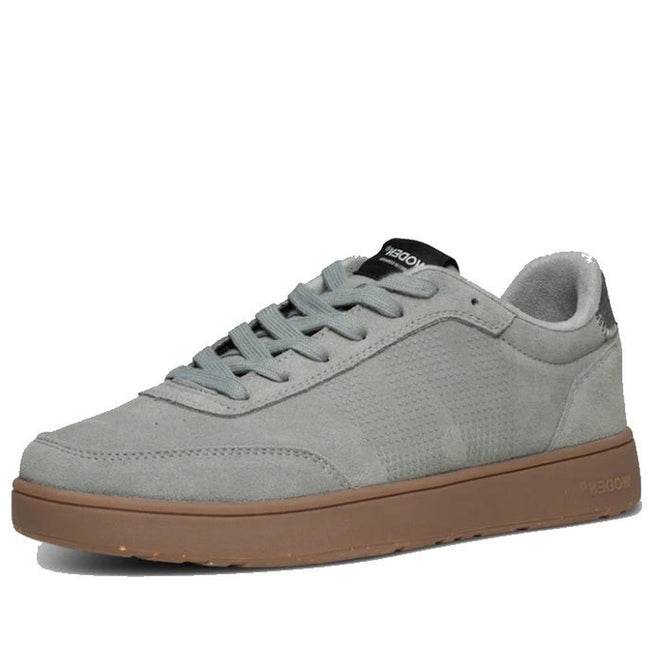 Mens woden Tote Gray sneaker with brown sole on a white background