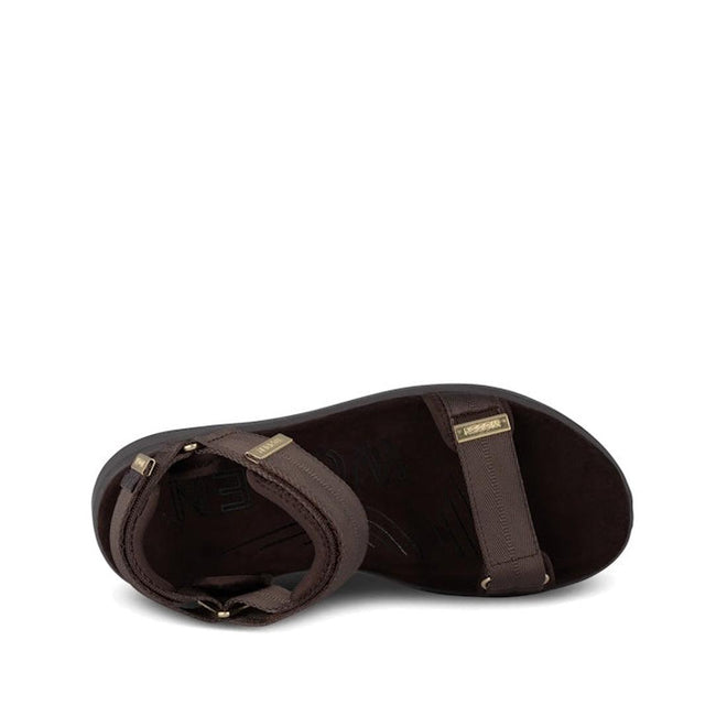 The Woden Line Women's 3 Strap Sandal in Chocolate Brown features an overhead view, ankle buckle strap, and two toe straps. With a flat sole, minimalist style, and Natural Soft technology for added comfort., 48196, 5713326592511, 5713326592528, 5713326592535, 5713326592542, 5713326592559, 5713326592566