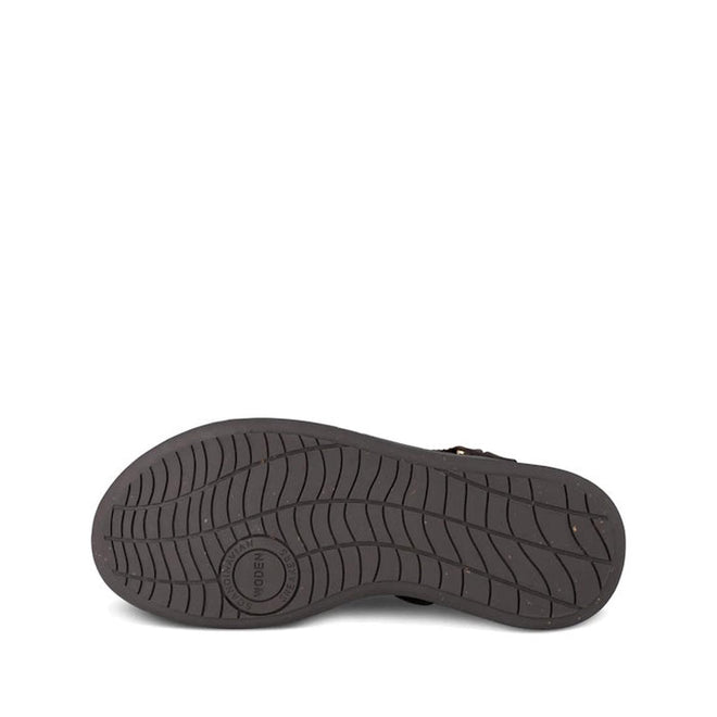 The image shows the sole of the Woden Line Women's 3 Strap Sandal in chocolate brown, featuring a textured, wavy tread pattern and a circular logo near the heel. The sandal is displayed against a plain white background., 48196, 5713326592511, 5713326592528, 5713326592535, 5713326592542, 5713326592559, 5713326592566