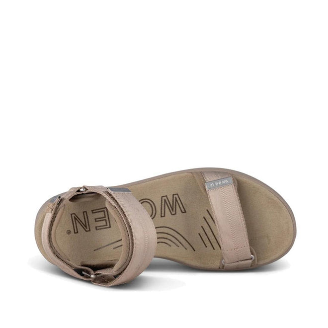 The Woden Line Women's 3 Strap Sandal in Silver Mink is shown from above, with an open toe, adjustable ankle straps, and "WOMEN" printed on the beige footbed., 48203, 48204, 5713326605235, 5713326605242, 5713326605259, 5713326605266, 48209