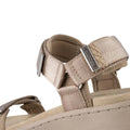Close-up of the Woden Line Women's 3 Strap Sandal in Silver Mink, featuring beige cushioned comfort, adjustable nylon straps with a metal buckle, and a small metal tag engraved with the Woden brand name., 48203, 48204, 5713326605235, 5713326605242, 5713326605259, 5713326605266, 48209