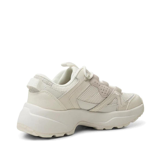 The Woden SIF Reflective Women's Sneaker in Blanc de Blanc White features mesh and suede panels, a chunky sole, lace-up closure, subtle reflective accents, and is shown from the rear., 36107, 5713326428612, 5713326428629, 5713326428636, 36110