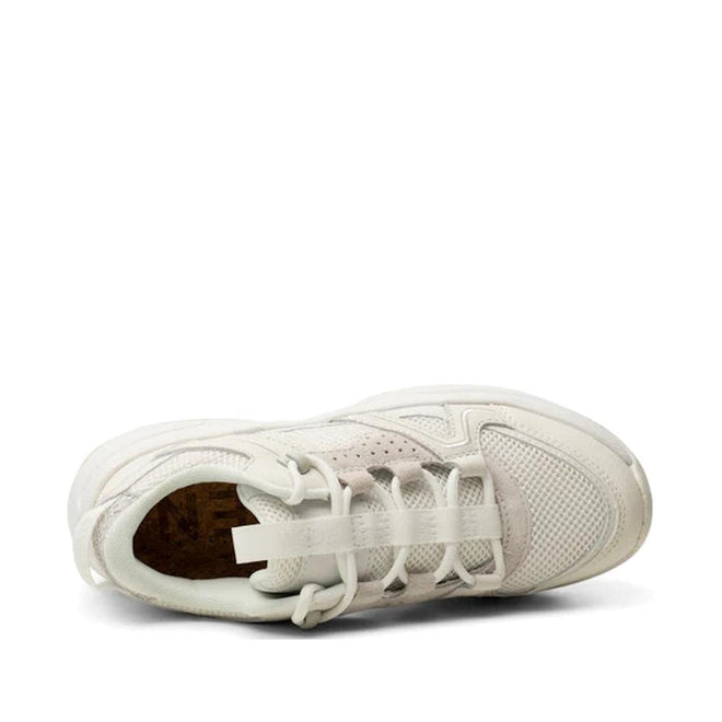 A top view of the Woden SIF Reflective Women's Sneaker in Blanc de Blanc White shows mesh and suede panels, white laces, reflective details, a brown insole, and is displayed on a plain white background., 36107, 5713326428612, 5713326428629, 5713326428636, 36110