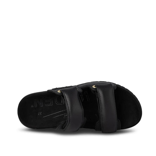 The Woden Lisa Women's Leather 2 Strap Sandal in black features chunky buckle straps and a contoured anatomical footbed, shown from above on a white background., 5713326518276, 5713326518283, 5713326518290, 5713326518306, 5713326518313, 3935713326518320, 5713326518269