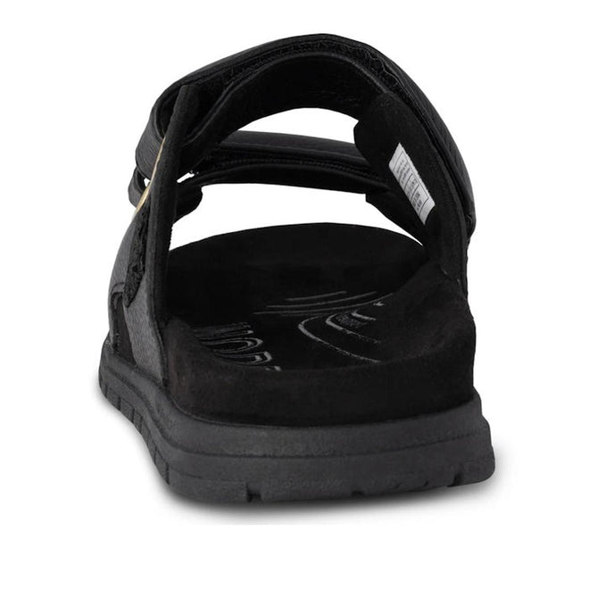 Rear view of the Woden Lisa Women's Leather 2 Strap Sandal in black, featuring chunky buckle straps, thick sole, anatomical shaped footbed, and adjustable Velcro, displayed against a white background., 5713326518276, 5713326518283, 5713326518290, 5713326518306, 5713326518313, 3935713326518320, 5713326518269
