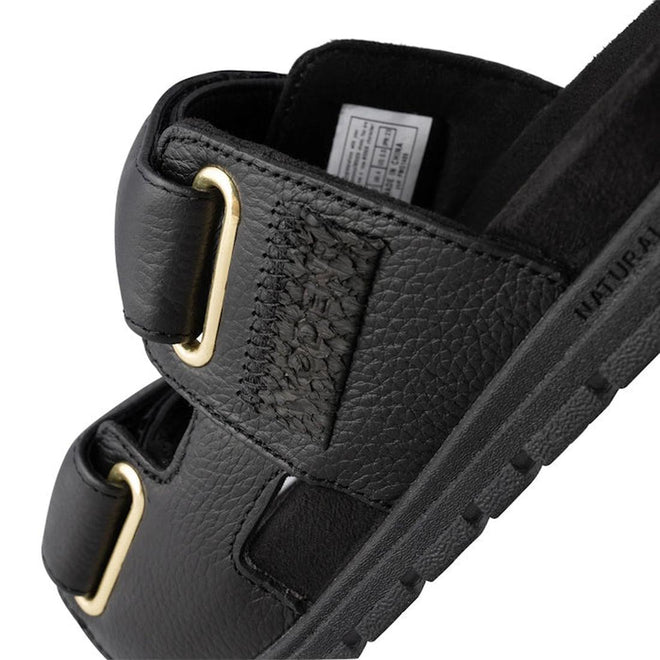 Close-up of the Woden Lisa Women's Leather 2 Strap Sandal in black, featuring chunky buckle straps, textured LWG-certified leather, visible stitching, a thick ridged sole, anatomical footbed, and an inside fabric label., 5713326518276, 5713326518283, 5713326518290, 5713326518306, 5713326518313, 3935713326518320, 5713326518269