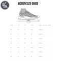 A shoe size guide for the Woden Nanna Apple Green Multi Lace Up Sneaker, featuring a travel-friendly sneaker illustration, foot measurement steps, and a table with EUR, UK, US, JPN sizes plus cm heel-to-toe lengths., 50250, 5713326697834, 5713326697841, 5713326697858, 50253