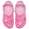 Pink women's crocs clogs sandals with decorative charms, top down view on a white background,
198445228803,
198445228810,
198445228827,
198445228834,