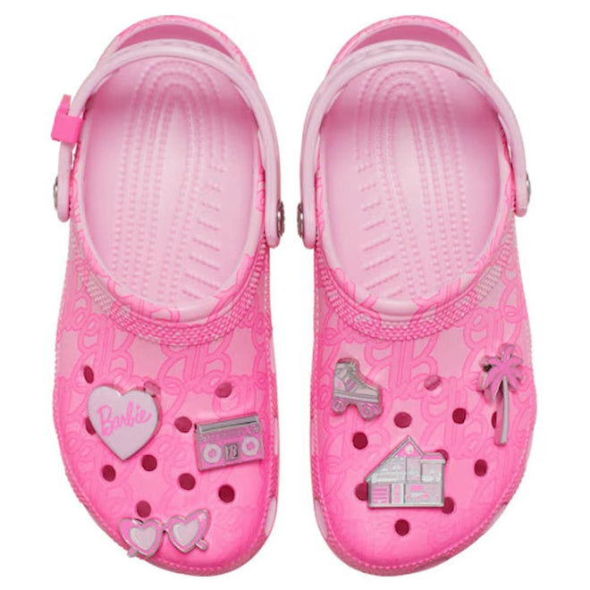 Pink women's crocs clogs sandals with decorative charms, top down view on a white background,
198445228803,
198445228810,
198445228827,
198445228834,