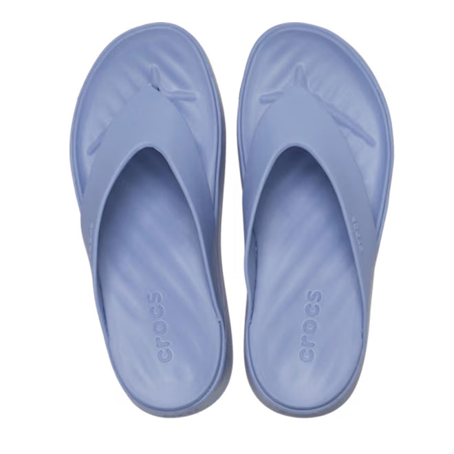 The Crocs - Womens Getaway PLATFORM Flip Sandal in Blue Haze, shown from above, features Free Feel Technology and displays the Crocs logo on the insole; part of the Crocs Getaway Collection., 49903, 49904, 198445274244, 198445274251, 198445274268, 49908, 49909