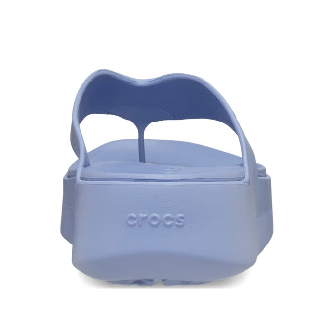 A rear view of the Crocs - Womens Getaway PLATFORM Flip Sandal in Blue Haze shows the CROCS logo on the heel, Free Feel Technology, a thong-style upper, and a thick platform sole from the Getaway Collection., 49903, 49904, 198445274244, 198445274251, 198445274268, 49908, 49909