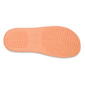 The image shows the sole of the Crocs - Womens Getaway PLATFORM Flip Sandal in Sunstone Orange, highlighting two tread patterns, Free Feel Technology, and the Crocs brand name embossed at the center., 49910, 49911, 198445274329, 198445274336, 198445274343, 49915, 49916
