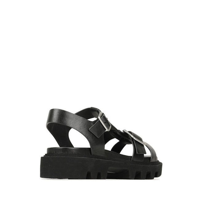 The EOS Womens Flic Chunky Look Leather Sandal in black is shown in side profile against a white background, featuring thick straps, a buckle closure, and a ridged sole for a modern twist on classic fisherman sandals., 40406, 9321191217277, 9321191217284, 9321191217291, 9321191217307, 9321191217314, 40412