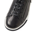 Close-up of the Ziera Aito XF Women's Casual Sneaker Zip Black, featuring black leather, black laces, high arch support, a side zipper, and a white and black rubber sole., 51068, 51069, 9361118012652, 9361118012653, 9361118012654, 9361118012677, 9361118012684, 9361118012691