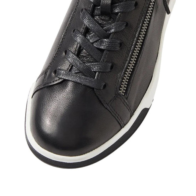 Close-up of the Ziera Aito XF Women's Casual Sneaker Zip Black, featuring black leather, black laces, high arch support, a side zipper, and a white and black rubber sole., 51068, 51069, 9361118012652, 9361118012653, 9361118012654, 9361118012677, 9361118012684, 9361118012691
