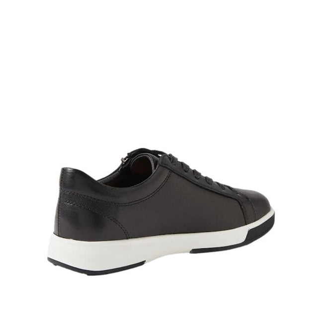 The Ziera Aito XF Women's Casual Sneaker Zip in black features a black leather upper, black laces, white rubber sole, and an extra wide fit. Shown from the back-left side against a white background., 51068, 51069, 9361118012652, 9361118012653, 9361118012654, 9361118012677, 9361118012684, 9361118012691