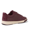 The Ziera Aito XF Women's Casual Sneaker Zip in Burgundy features maroon leather, matching laces, high arch support, and an off-white sole, shown from a rear side angle against a white background., 50820, 4434755348790, 4434755348891, 4434755348784, 4434755348791, 4434755348807, 50826
