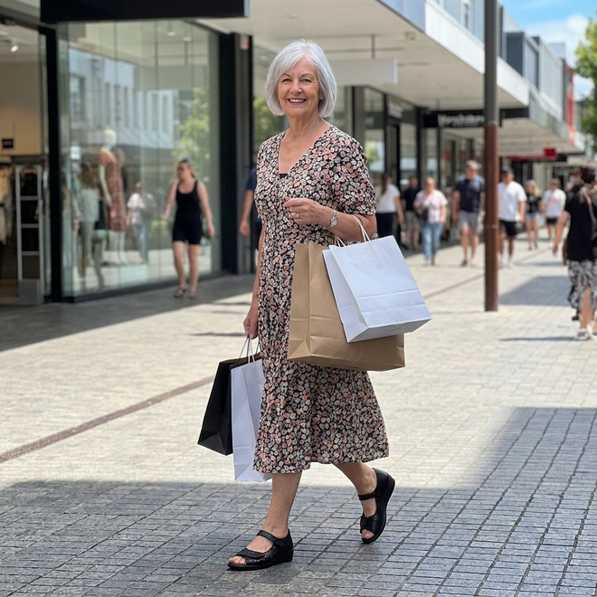 Woman in a floral dress with shopping bags on a city street weaing Ziear Daffodil Sandals Shoes with a aclised back for heel support.,  49107, 49108, 9355342051830, 9355342051687, 9355342051694, 9355342051700, 49113