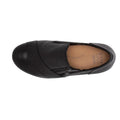Top view of the Ziera Sage XF Women's Wedge Heel Shoe in black leather, featuring a side zipper, tan insole labeled Ziera Super Support, and high arch support., 9355342543724, 9355342095629, 9355342095636, 9355342095643, 9355342095650, 9355342095667, 50983