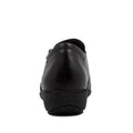 Rear view of the Ziera Sage XF Women's Wedge Heel Shoe in black leather with a rubber sole and extra wide fit, featuring a convenient zip, displayed against a plain white background., 9355342543724, 9355342095629, 9355342095636, 9355342095643, 9355342095650, 9355342095667, 50983