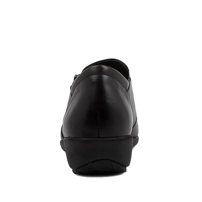 Rear view of the Ziera Sage XF Women's Wedge Heel Shoe in black leather with a rubber sole and extra wide fit, featuring a convenient zip, displayed against a plain white background., 9355342543724, 9355342095629, 9355342095636, 9355342095643, 9355342095650, 9355342095667, 50983