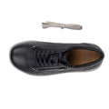 Top view of Ziera Solar XW Women's Casual Sneaker Zip in ink blue leather with a textured toe, black laces, side zipper, and brown insole labeled Ziera Super Support. Designed for extra wide fit and high arch support. Spare light gray laces shown above., 9355342543731, 9355342095476, 9355342095483, 9355342095490, 9355342095506, 9355342095513, 51004