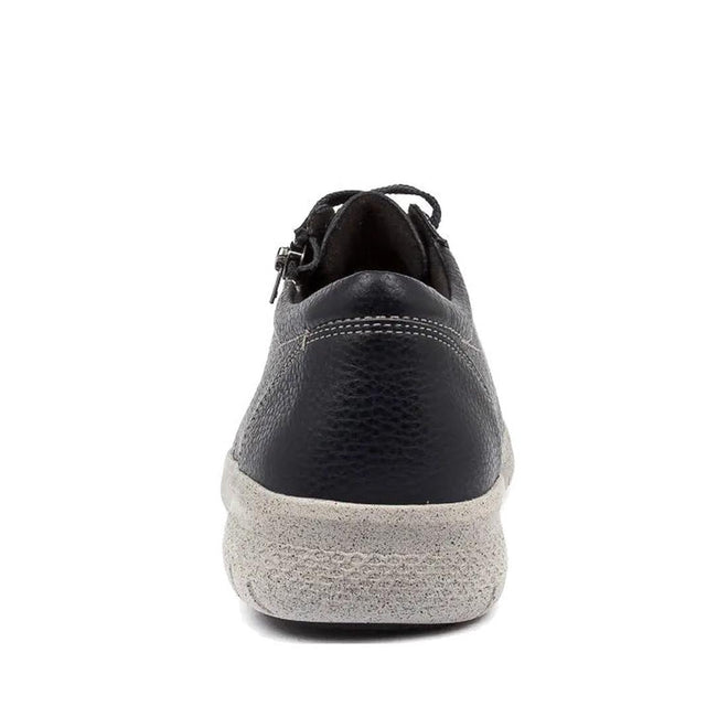 A rear view of the Ziera Solar XW Women's Casual Sneaker Zip in ink blue leather, featuring high arch support, a textured white rubber sole, and visible heel and stitching details against a plain white background., 9355342543731, 9355342095476, 9355342095483, 9355342095490, 9355342095506, 9355342095513, 51004