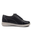 The Ziera Solar XW Women's Casual Sneaker Zip features ink blue leather, lace-up and zip closure, high arch support, white stitching, and a thick textured light gray sole, shown in side profile on a white background., 9355342543731, 9355342095476, 9355342095483, 9355342095490, 9355342095506, 9355342095513, 51004