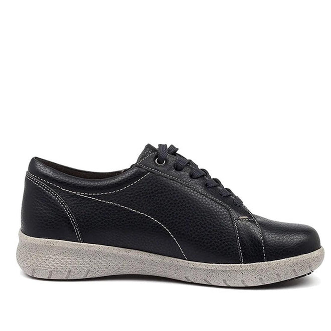 The Ziera Solar XW Women's Casual Sneaker Zip features ink blue leather, lace-up and zip closure, high arch support, white stitching, and a thick textured light gray sole, shown in side profile on a white background., 9355342543731, 9355342095476, 9355342095483, 9355342095490, 9355342095506, 9355342095513, 51004