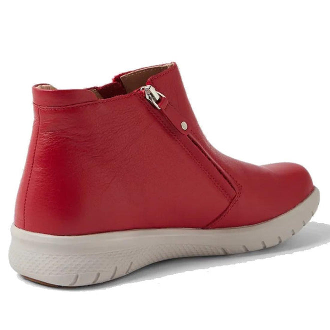 The Ziera Solange XF Leather Women's Ankle Boot in red features a side zipper, a white textured rubber sole, and a removable super support footbed, displayed from a rear side angle against a white background., 51061, 4434750236376, 4434750236390, 4434750236413, 4434750236437, 4434750236451, 4434750236468