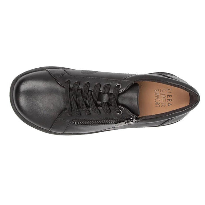Top view of Ziera Solar XW Women's Casual Sneaker Zip Black Leather—a black leather sneaker for women with black laces, side zipper, tan insole printed with Ziera Super Support, offering high arch support and an extra wide fit., 50991, 9355342550562, 9355342550579, 9355342550586, 9355342551439, 9355342551477, 9355342551491