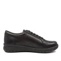 The Ziera Solar XW Women's Casual Sneaker Zip in black leather features a low heel, textured rubber sole, extra wide fit, and high arch support. Shown from the side against a white background., 50991, 9355342550562, 9355342550579, 9355342550586, 9355342551439, 9355342551477, 9355342551491
