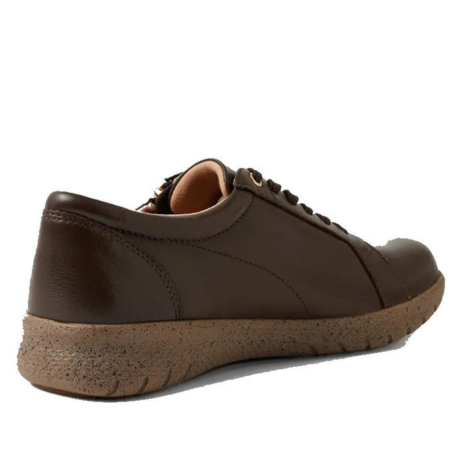 The Ziera Solar XW Women's Casual Sneaker in chocolate brown leather features dark brown laces, stitching details, a textured tan sole with high arch support, and is shown from a rear side angle on a white background., 51019, 44347555285581, 4434755525604, 4434755525628, 4434755525642, 4434755525666, 4434755525673