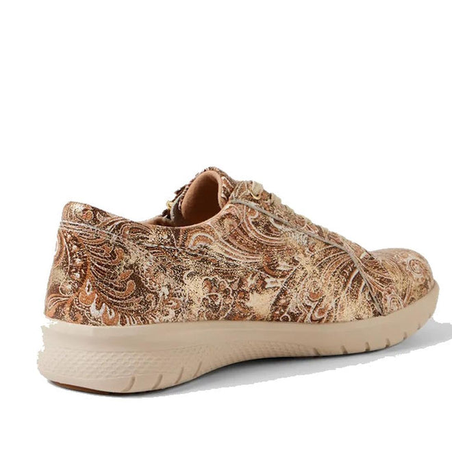 The Ziera Solar XW Women's Casual Sneaker features chocolate gold paisley-patterned brown leather, tan laces, an extra wide fit, a light beige rubber sole, and a rear side zip—shown from a rear side angle., 51033, 4434755528438, 4434755528452, 4434755528476, 4434755528490, 4434755528513, 4434755528520
