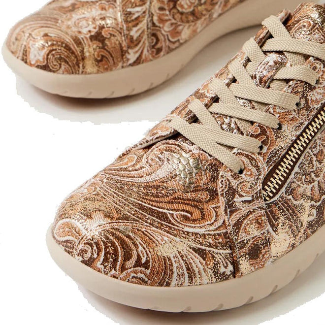 Close-up of Ziera Solar XW Women's Casual Sneaker in Chocolate Gold Paisley brown leather with beige laces, high arch support, and a side zipper, displayed on a plain white background., 51033, 4434755528438, 4434755528452, 4434755528476, 4434755528490, 4434755528513, 4434755528520