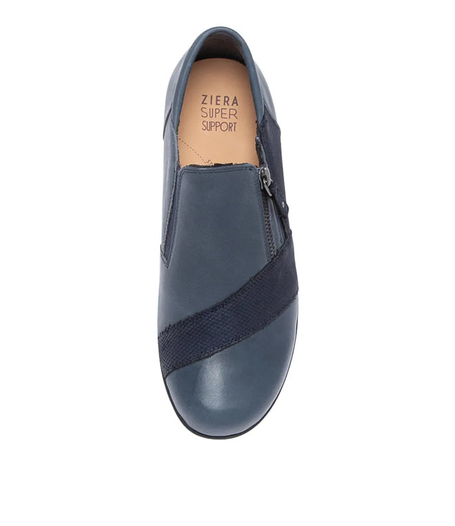 Ziera Sage XF women's wedge heel shoe in navy leather with side zip closure, high arch support, extra wide fit, and diagonal textured panel detail, viewed from above., 50984, 4434755914682, 4434755914699, 4434755914705, 4434755914712, 4434755914729, 4434755914736