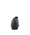 The Ziera Sage XF Women's Wedge Heel Shoe in navy leather is shown from the back against a white background, highlighting its heel, sole, and extra wide fit., 50984, 4434755914682, 4434755914699, 4434755914705, 4434755914712, 4434755914729, 4434755914736