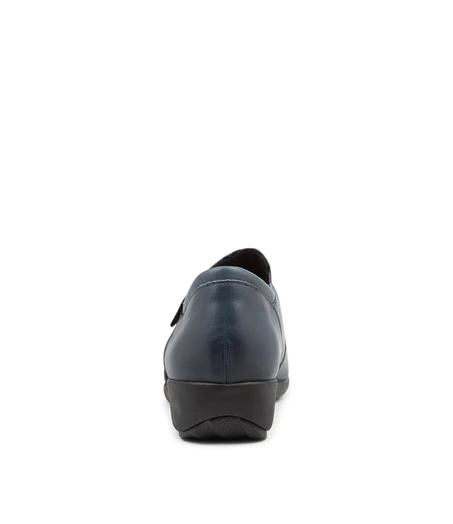 The Ziera Sage XF Women's Wedge Heel Shoe in navy leather is shown from the back against a white background, highlighting its heel, sole, and extra wide fit., 50984, 4434755914682, 4434755914699, 4434755914705, 4434755914712, 4434755914729, 4434755914736