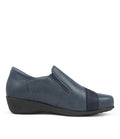 A side view of the Ziera Sage XF Women's Wedge Heel Shoe in navy leather, featuring a low black wedge heel, elastic side panels, textured toe band, zip closure, and high arch support., 50984, 4434755914682, 4434755914699, 4434755914705, 4434755914712, 4434755914729, 4434755914736