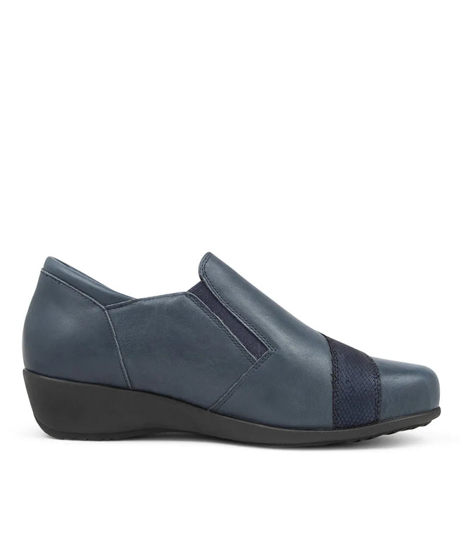 A side view of the Ziera Sage XF Women's Wedge Heel Shoe in navy leather, featuring a low black wedge heel, elastic side panels, textured toe band, zip closure, and high arch support., 50984, 4434755914682, 4434755914699, 4434755914705, 4434755914712, 4434755914729, 4434755914736