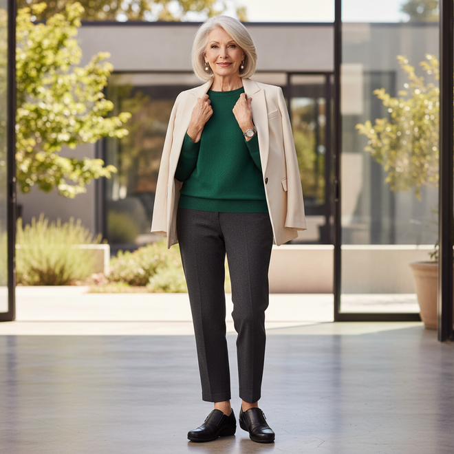 A stylish older woman stands confidently indoors, wearing a cream blazer, green top, gray pants, and Ziera Sage XF Women's Wedge Heel Shoe in black leather. She smiles gently in a modern space with large windows and greenery outside., 9355342543724, 9355342095629, 9355342095636, 9355342095643, 9355342095650, 9355342095667, 50983
