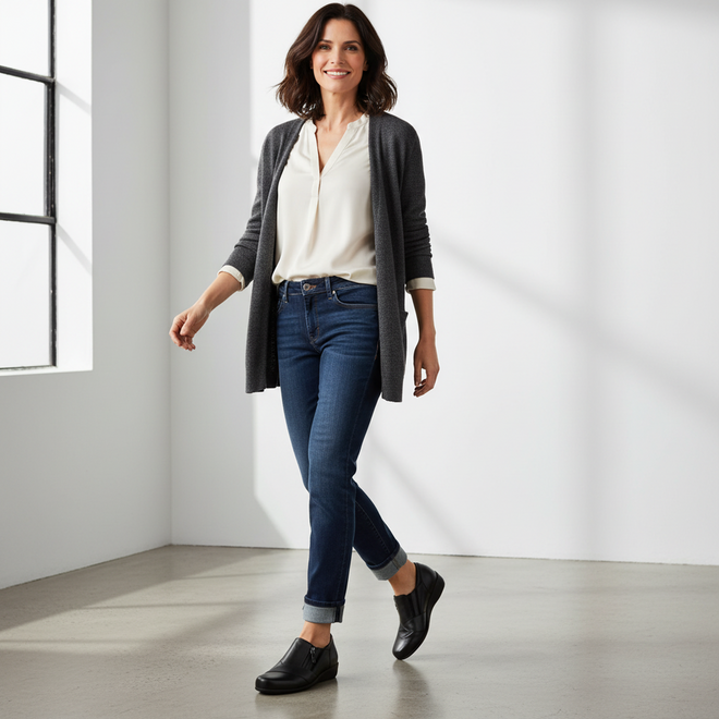 A woman with shoulder-length dark hair, wearing a white blouse, gray cardigan, blue jeans, and Ziera Sage XF Women's Wedge Heel Shoe in black leather, smiles as she walks in a bright modern room with large windows., 9355342543724, 9355342095629, 9355342095636, 9355342095643, 9355342095650, 9355342095667, 50983