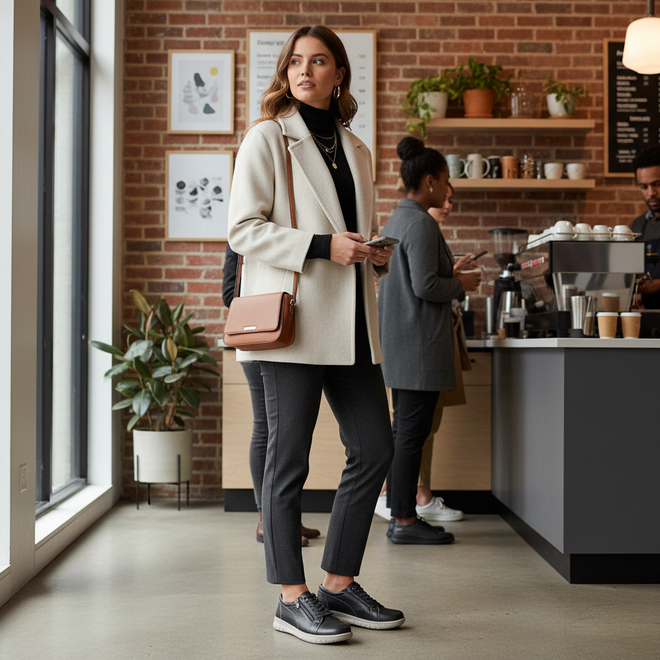 A woman in a white coat and gray pants stands in a modern coffee shop, holding her phone and a brown crossbody bag. She wears Ziera Solar XW Women's Casual Sneaker Zip Ink Blue Leather as others line up at the brick-walled space adorned with plants., 9355342543731, 9355342095476, 9355342095483, 9355342095490, 9355342095506, 9355342095513, 51004